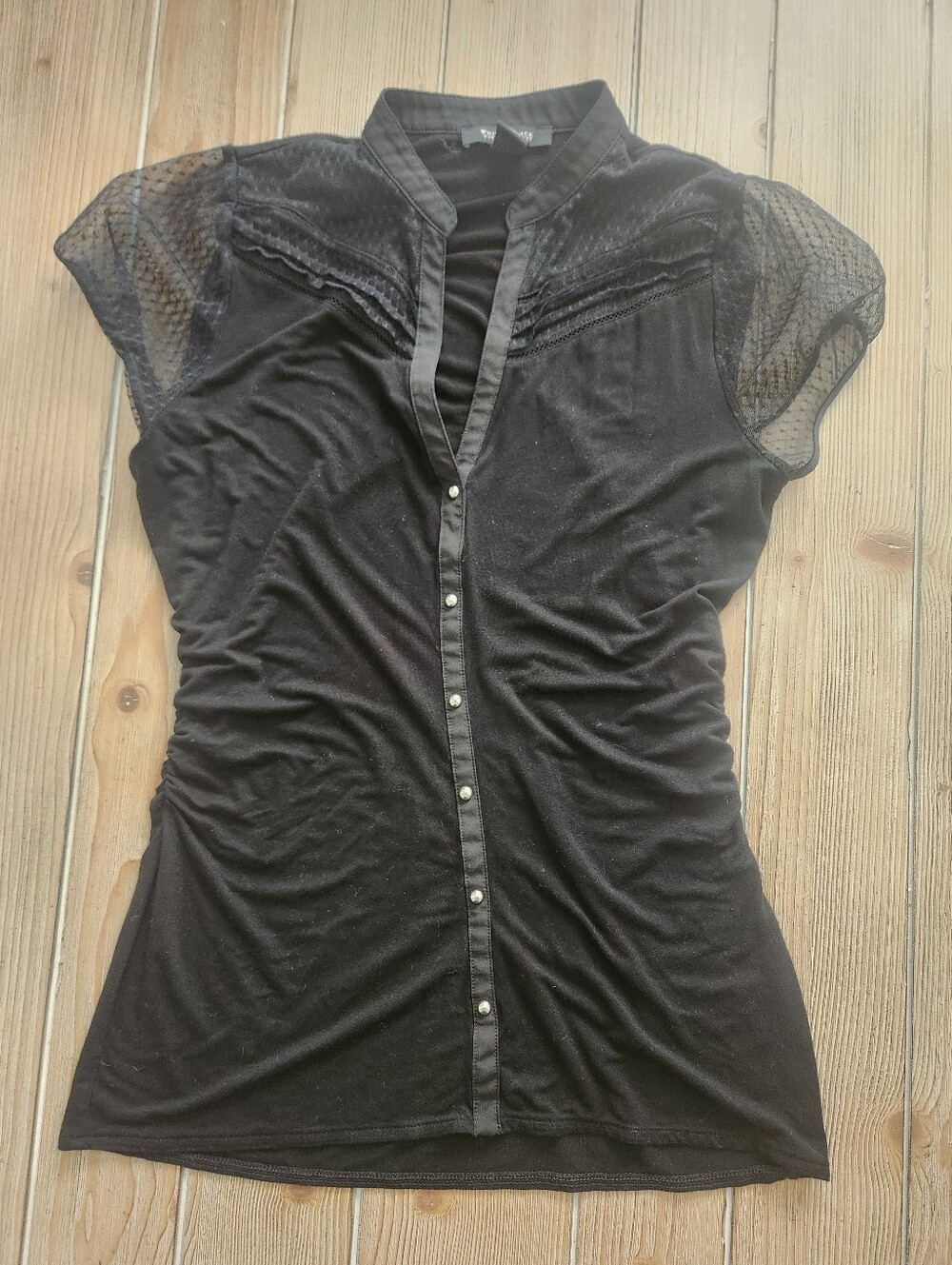 White House Black Market Black Sheer Cap-Sleeve Button Top